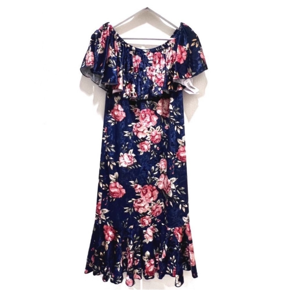 Navy Floral LuLaRoe Cici Off Shoulder Ruffled Hem Midi Dress M - Picture 4 of 16